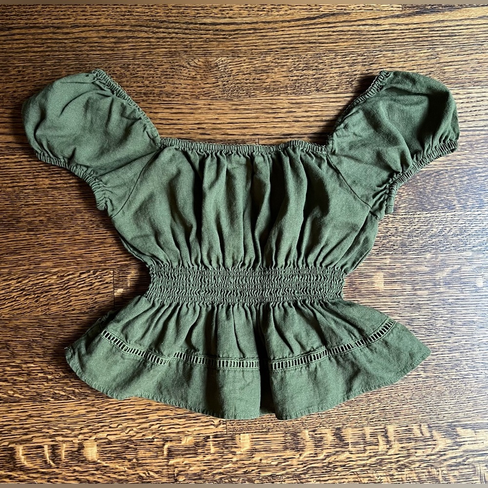 Olive Linen Milkmaid Top, Peasant Style Top with Puff Sleeves, Rustic Tavern - Picture 7 of 7